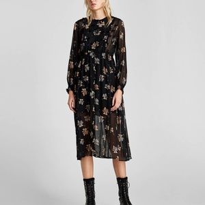 Zara Floral Print Midi Dress Sheer Long Sleeve Trafaluc Collection Size M